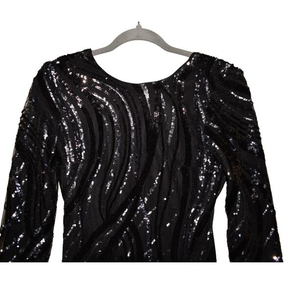 EXPRESS $148 3/4 Sleeve Sequin V-Back Mini Cocktail Dress Black Size 0 - Picture 3 of 4